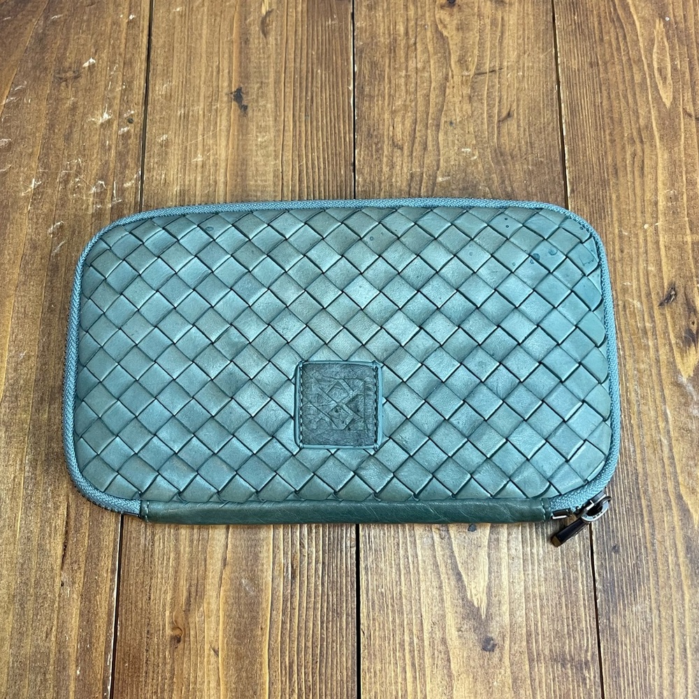 Large woven leather wallet or clutch green color